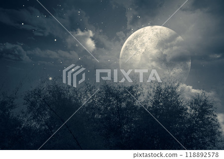 A large of full moon is in the sky above a forest. The moon is surrounded by stars and the sky is dark. Dramatic smoke or fog effect. Mockup. Copy Space A large of full moon is in the sky above a forest. The moon is surrounded by stars and the sky is dark. Dramatic smoke or fog effect. Mockup. Copy Space 118892578