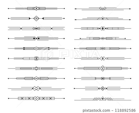 Art deco dividers, menu border elements, elegant line ornament frame of vintage luxury geometric pattern with vector outline abstract shapes. Retro art deco dividers, wedding invitation border lines 118892586