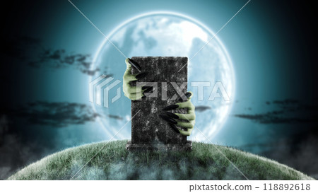 A tombstone is being held by two witch hand in front of a full moon. Scene is scary and creepy. The hand appearing to be a evil, satan, zombie or a monster hand 118892618