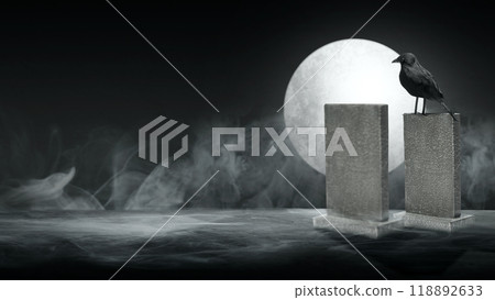 Crow perched on a tombstone in cemetery with full moon background. Scene is mysterious and scary Crow perched on a tombstone in cemetery with full moon background. Scene is mysterious and scary 118892633