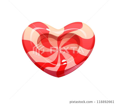 Valentine heart pink candy lollypop, sweets and confectionery. Isolated cartoon vector playful valentines day romantic treat dessert, glossy heart-shaped toffee with white and pink swirl pattern 118892661