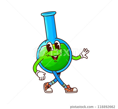 School flask groovy character. Cartoon vector laboratory beaker filled with green liquid, features cheerful expression, wearing sneakers and exudes a funky educational vibe, ready for playful science School flask groovy character. Cartoon vector laboratory beaker filled with green liquid, features cheerful expression, wearing sneakers and exudes a funky educational vibe, ready for playful science 118892662
