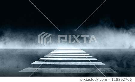 Closeup view of pedestrian crosswalk on the foggy road. The road is empty and the sky is dark Closeup view of pedestrian crosswalk on the foggy road. The road is empty and the sky is dark 118892706