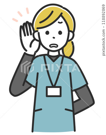 Illustration of a female medical staff member holding her ear Illustration of a female medical staff member holding her ear 118892869