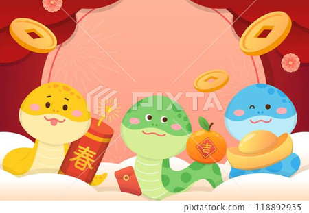 中國農曆新年與很多金幣與可愛的蛇腳色,富有的,用於海報或祝賀卡 中國農曆新年與很多金幣與可愛的蛇腳色,富有的,用於海報或祝賀卡 118892935
