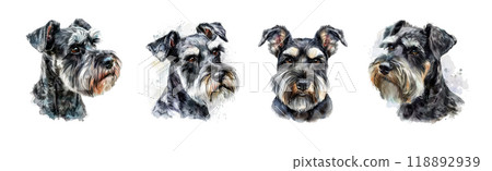 Collection of four detailed watercolor portraits of Miniature Schnauzer dogs, showcasing their distinctive beards, eyebrows, and alert expressions in artistic style. Pet. Collection of four detailed watercolor portraits of Miniature Schnauzer dogs, showcasing their distinctive beards, eyebrows, and alert expressions in artistic style. Pet. 118892939