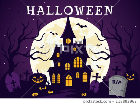 Happy Halloween Night Vector Illustration featuring Pumpkins in the Moonlight, Ghosts, and Other Spooky Elements in a Flat Cartoon Background 118892962
