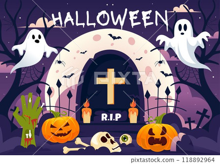 Happy Halloween Night Vector Illustration featuring Pumpkins in the Moonlight, Ghosts, and Other Spooky Elements in a Flat Cartoon Background 118892964