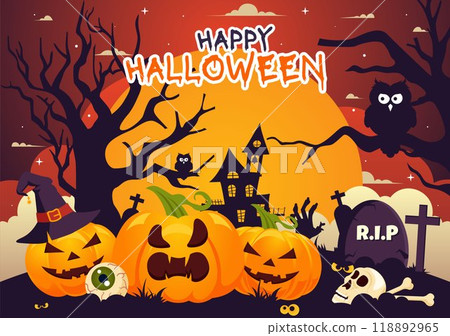 Happy Halloween Night Vector Illustration featuring Pumpkins in the Moonlight, Ghosts, and Other Spooky Elements in a Flat Cartoon Background 118892965