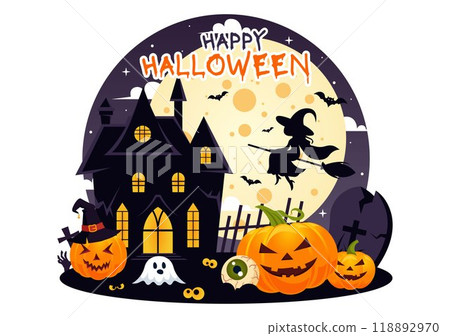 Happy Halloween Night Vector Illustration featuring Pumpkins in the Moonlight, Ghosts, and Other Spooky Elements in a Flat Cartoon Background Happy Halloween Night Vector Illustration featuring Pumpkins in the Moonlight, Ghosts, and Other Spooky Elements in a Flat Cartoon Background 118892970