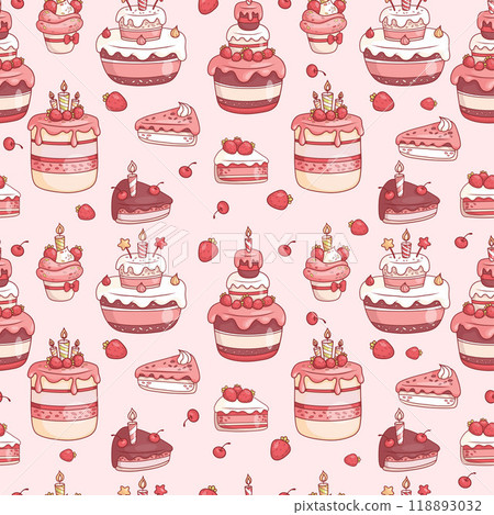 Seamless sweets pattern. Cream birthday cake with candles and strawberries, pieces of dessert with chocolate, cherries and icing on pink background. Vector illustration. Kids collection 118893032