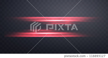 Red horizontal lensflare. Light flash with rays or spotlight and bokeh. Red glow flare light effect. Vector illustration. Isolated on dark transparent background. 118893127