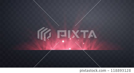 Red horizontal lensflare. Light flash with rays or spotlight and bokeh. Red glow flare light effect. Vector illustration. Isolated on dark transparent background Red horizontal lensflare. Light flash with rays or spotlight and bokeh. Red glow flare light effect. Vector illustration. Isolated on dark transparent background 118893128