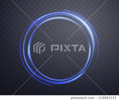 Blue magic ring with glowing. Neon realistic energy flare halo ring. Abstract light effect on a dark transparent background. Vector illustration. 118893133