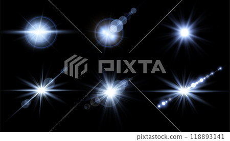 Blue lens flares set. Isolated on transparent background. Sun flash with rays or gold spotlight and bokeh. Blue glow flare light effect. Vector illustration 118893141
