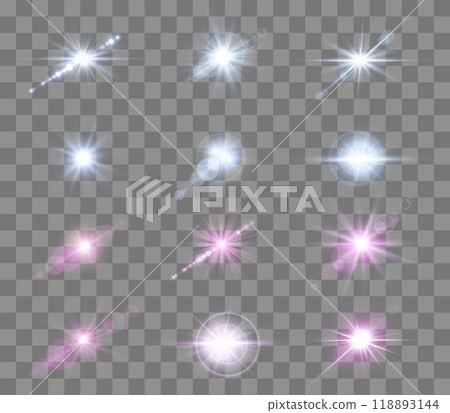 Pink and blue lens flares set. Isolated on transparent background. Sun flash with rays or spotlight and bokeh. Glow flare light effect. Vector illustration. Pink and blue lens flares set. Isolated on transparent background. Sun flash with rays or spotlight and bokeh. Glow flare light effect. Vector illustration. 118893144