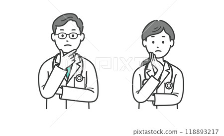 一位男女醫生的上半身插圖，雙手放在困擾的臉上 118893217