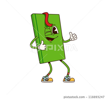 Book groovy character. Isolated cartoon vector retro textbook personage with green cover and red bookmark, winking eye, exudes 60s or 70s funky party vibes, flashing thumbs up gesture with wide smile 118893247