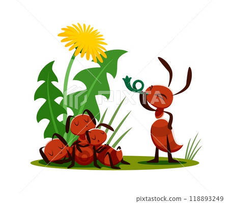 Cartoon ants sleeping on lawn, funny termite waking up for work, vector wild insects life. Ant worker wakes up lazy sleeping ants blowing in horn on meadow with flowers for kids story illustration Cartoon ants sleeping on lawn, funny termite waking up for work, vector wild insects life. Ant worker wakes up lazy sleeping ants blowing in horn on meadow with flowers for kids story illustration 118893249