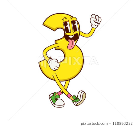 Math number three groovy character. Cartoon cute funny yellow quirky personage with expressive eyes and sticking tongue. Isolated vector digit 3 perfect for children books and mathematics education 118893252