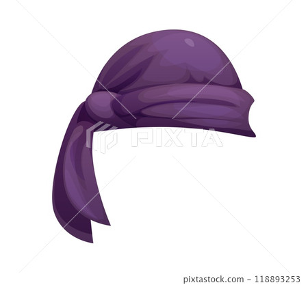 Cartoon pirate and corsair bandana hat, purple textile headwear with node. Isolated vector sea sailor head scarf, vintage rover handkerchief, filibuster, buccaneer swashbuckler party costume accessory 118893253
