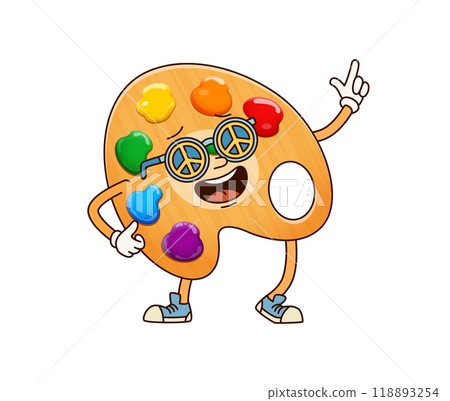 School education color palette groovy character wearing peace symbol sunglasses. Cartoon vector diy personage captures funky and creative mood with cheerful expression, promoting creativity and arts 118893254