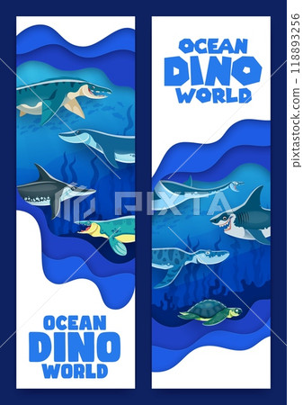 Prehistoric underwater dinosaurs. Vector vertical undersea paper cut cards with cartoon reptile animals and aquatic creatures among coral reefs and seaweeds in the deep sea waters. Ocean dino world 118893256