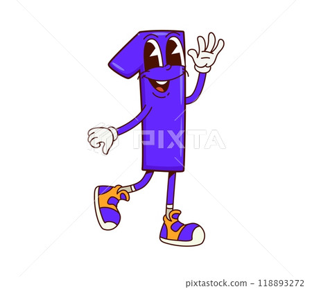 Math number one groovy character. Cartoon cute funny digit wearing retro sneakers. Isolated vector playful 1 numeral math personage exudes positivity, waving it hand with quirky and endearing vibes 118893272
