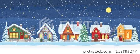 Winter town landscape. Vector Christmas night countryside scene with decorated snowy cottages and frosted trees under full moon and falling snowflakes, create tranquil serene, magical holiday ambiance Winter town landscape. Vector Christmas night countryside scene with decorated snowy cottages and frosted trees under full moon and falling snowflakes, create tranquil serene, magical holiday ambiance 118893277