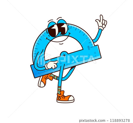 Groovy school protractor character, measuring item for learning geometry or math. Isolated cartoon vector retro ruler personage. Nostalgic, educational tool with happy face and pointing gesture Groovy school protractor character, measuring item for learning geometry or math. Isolated cartoon vector retro ruler personage. Nostalgic, educational tool with happy face and pointing gesture 118893278