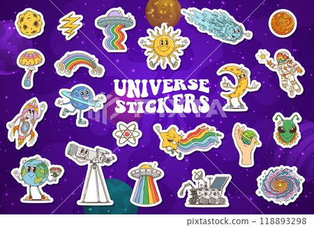Groovy space stickers pack. Earth, rocket, astronaut and ufo. Rainbow, star, comet and atom with alien head. Telescope, spaceship, space rover or galaxy spiral, lightning bolt, mushroom and meteorite 118893298