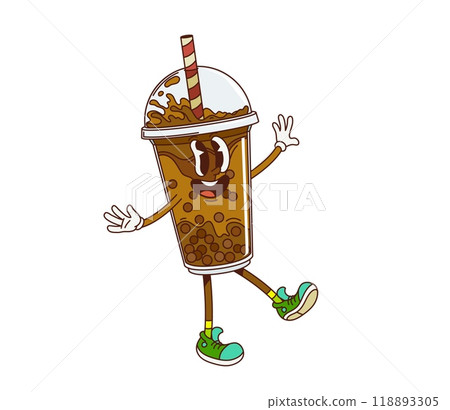 Groovy retro cartoon bubble tea drink character with funky happy smile on face, vector comic art. Groovy cartoon funny bubble tea with drinking straw and funky crazy face for sweet beverage emoji 118893305