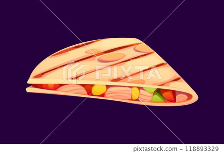 Cartoon Mexican quesadilla, showcasing a grilled tortilla folded over colorful fillings like cheese, vegetables, and meat, with visible grill marks on the surface, highlighting its warm, savory appeal Cartoon Mexican quesadilla, showcasing a grilled tortilla folded over colorful fillings like cheese, vegetables, and meat, with visible grill marks on the surface, highlighting its warm, savory appeal 118893329