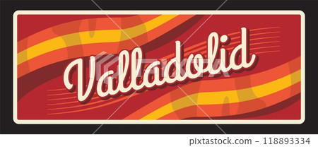 Valladolid Spanish province retro travel plate, tin sign. Spain region plate with flag color. European travel, vacation postcard. Valladolid icircunscripciones Congress of Deputies 118893334