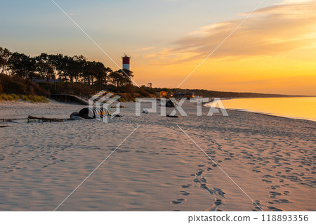 Sandy beach of Baltic sea on Curonian Spit at sunset. Village Lesnoy. Kaliningrad region. Russia Sandy beach of Baltic sea on Curonian Spit at sunset. Village Lesnoy. Kaliningrad region. Russia 118893356