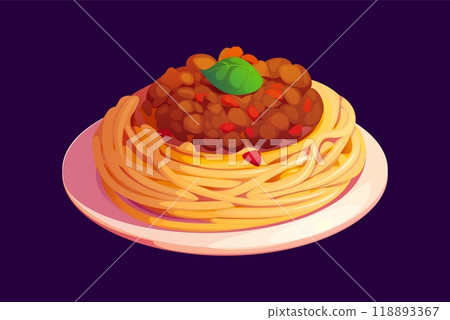 Cartoon spaghetti Bolognese. Isolated cartoon vector nest of pasta topped with rich meat sauce and garnished with a basil leaf, served on a plate. Italian restaurant menu dish, Mediterranean cuisine Cartoon spaghetti Bolognese. Isolated cartoon vector nest of pasta topped with rich meat sauce and garnished with a basil leaf, served on a plate. Italian restaurant menu dish, Mediterranean cuisine 118893367