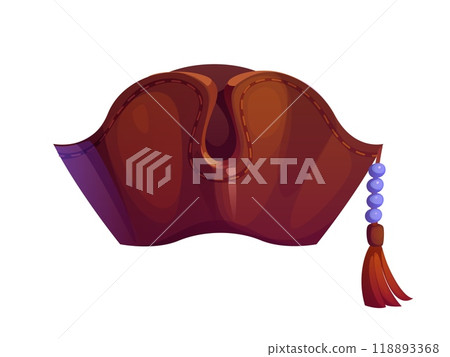 Cartoon pirate tricorn cocked hat of corsair and Caribbean sailors, vector icon. Pirate hat of boatswain corsair tricorne hat and skipper headwear of leather with beads and tassel for sea adventure 118893368