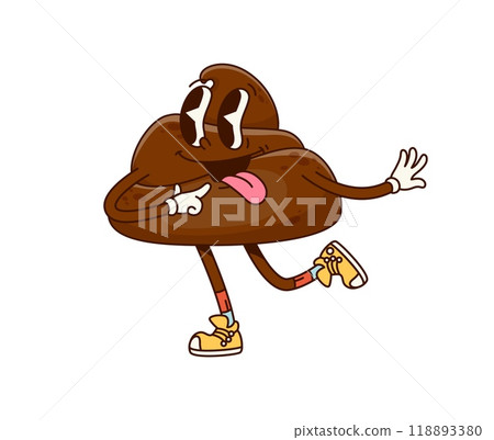 Funny poop groovy character, shit cartoon emoticon. Excrement happy groovy vector character. Toilet shit cartoon groovy vintage personage or poop foolish cute emoticon dancing in sneakers Funny poop groovy character, shit cartoon emoticon. Excrement happy groovy vector character. Toilet shit cartoon groovy vintage personage or poop foolish cute emoticon dancing in sneakers 118893380