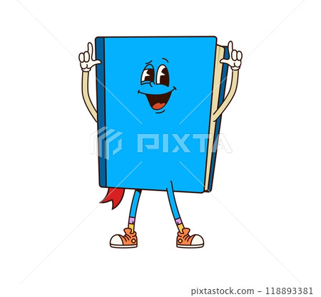 Book groovy character. Isolated cartoon vector school notebook with blue cover, bookmark showing pointing gesture with fingers up. Lively textbook personage with big expressive eyes and cheerful smile 118893381