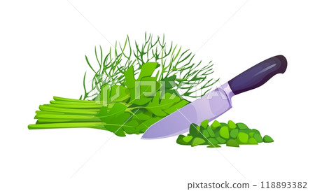 Knife cutting a bundle of fresh herbs, with some of the greens finely chopped. Cartoon vector process of preparing and cooking healthy meal with ripe herbal seasonings and garden plants on kitchen Knife cutting a bundle of fresh herbs, with some of the greens finely chopped. Cartoon vector process of preparing and cooking healthy meal with ripe herbal seasonings and garden plants on kitchen 118893382