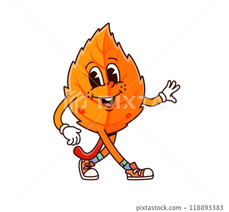 Groovy autumn leaf character. Cartoon vector orange foliage personage in bright sneakers, symbolizing the joy and warmth of the fall season, exudes a cheerful vibes for themes of autumnal nature Groovy autumn leaf character. Cartoon vector orange foliage personage in bright sneakers, symbolizing the joy and warmth of the fall season, exudes a cheerful vibes for themes of autumnal nature 118893383