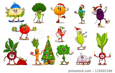 Groovy Christmas vegetable characters, vector psychedelic hippie farm food. Funny tomato, carrot, broccoli and zucchini vegetable characters with groovy Xmas tree, gift boxes, Santa red hat and bag Groovy Christmas vegetable characters, vector psychedelic hippie farm food. Funny tomato, carrot, broccoli and zucchini vegetable characters with groovy Xmas tree, gift boxes, Santa red hat and bag 118893386