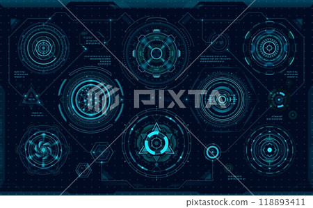 Circular bars and futuristic digital HUD elements of Sci Fi data, vector dashboard interface. HUD data screen or digital UI virtual infographic and bars with buttons panel of future technology Circular bars and futuristic digital HUD elements of Sci Fi data, vector dashboard interface. HUD data screen or digital UI virtual infographic and bars with buttons panel of future technology 118893411