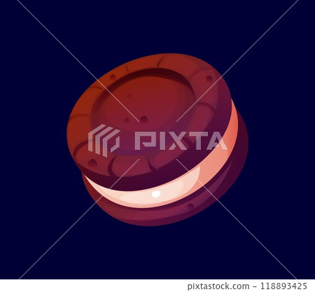 Cartoon round chocolate cookie sandwich confectionery and sweet pastry. Vector dark brown cookie dessert with a light cream filling. Delicious treat with a rich cocoa flavor, tasty confection food 118893425