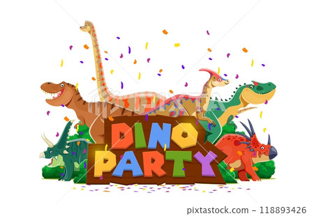 Dino party banner, birthday invite cover. Vector vibrant and playful invitation for a dino-themed event with cartoon dinosaurs, lush greenery, confetti and colorful fun typography on wooden plate 118893426