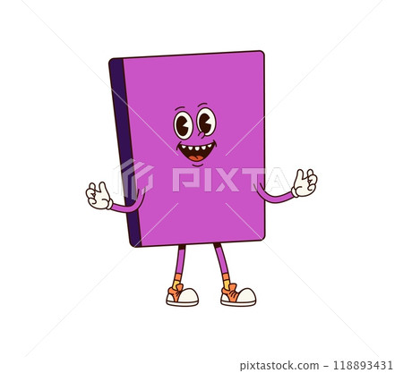 Cartoon book groovy character with purple cover and retro sneakers. Isolated vector happy textbook personage for kids education, library, back to school or story telling. Cute smiling funny notebook Cartoon book groovy character with purple cover and retro sneakers. Isolated vector happy textbook personage for kids education, library, back to school or story telling. Cute smiling funny notebook 118893431