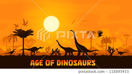 Dinosaurs silhouettes in sunset landscape of Jurassic forest, vector background. Prehistoric giant lizards, dino pterodactyls and reptiles silhouettes in valley with sunset for paleontology museum Dinosaurs silhouettes in sunset landscape of Jurassic forest, vector background. Prehistoric giant lizards, dino pterodactyls and reptiles silhouettes in valley with sunset for paleontology museum 118893433