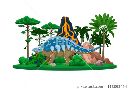 Dinosaur, cartoon prehistoric lizard of Panoplosaurus species, vector dino animal. Panoplosaurus dinosaur of Jurassic era in jungle forest with volcano eruption for kids paleontology dino collection 118893434