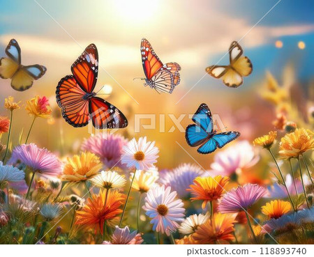 色彩繽紛的蝴蝶在花園裡翩翩飛舞 118893740