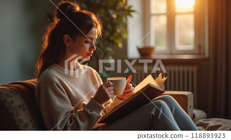 Woman Relaxing with Coffee and a Good Book Woman Relaxing with Coffee and a Good Book 118893923